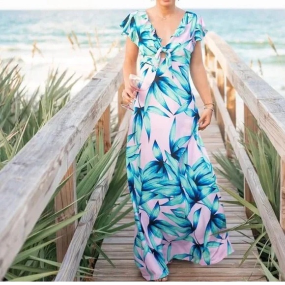 Olivaceous Dresses & Skirts - Olivaceous Tropical Leaf Print Tie Front Maxi Dress